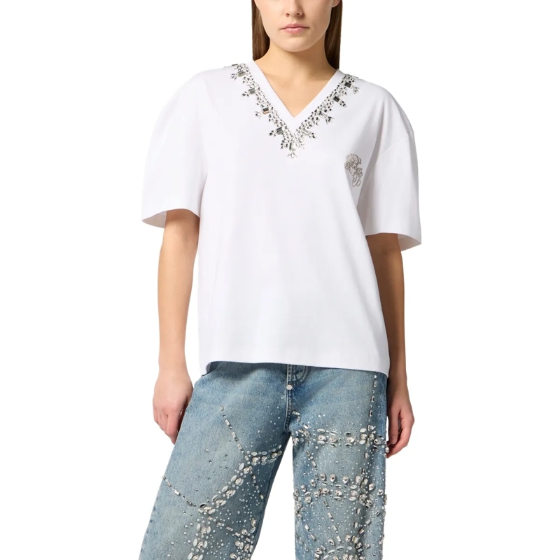 Philipp Plein T-Shirt Man Fit V-Neck T-Shirt Crystals weiss(Image 3)