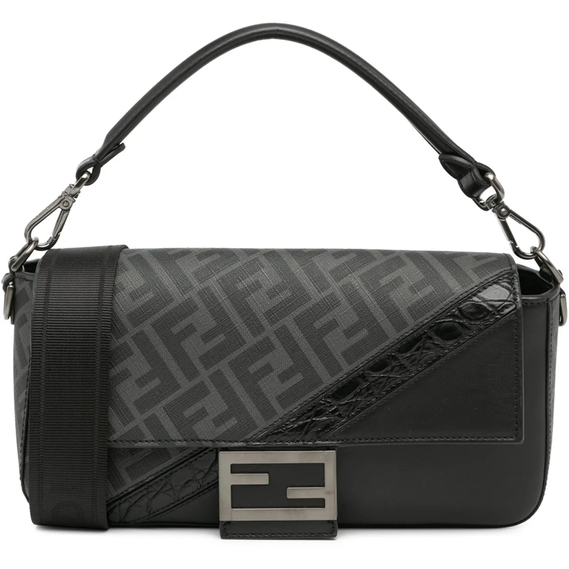 Fendi Schultertasche Zucca Coated Canvas And Calfskin Baguette Satchel schwarz