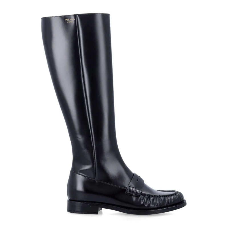 Prada Stiefel Polished Leather Penny Knee-High Boots Black