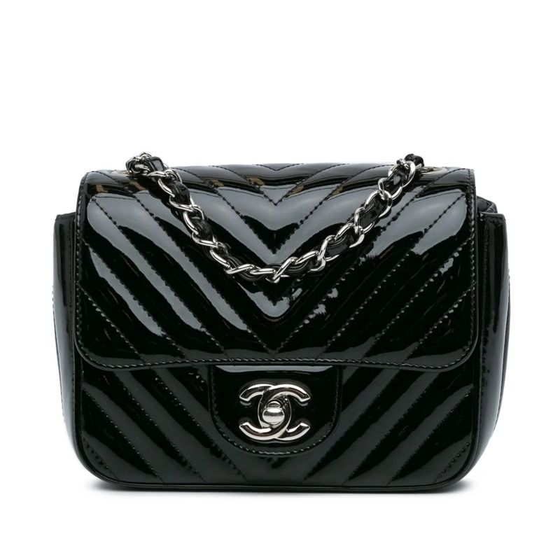 Chanel Sac à bandoulière Mini Square Classic Chevron Patent Flap schwarz