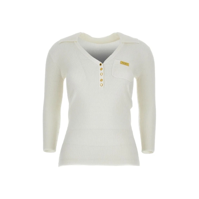 Elisabetta Franchi Trui Wide V-Neck Ribbed Sweater With Buttons Neutrals