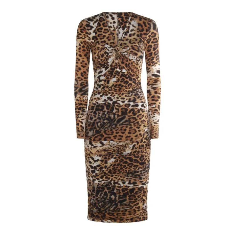 Roberto Cavalli Midi-jurk Bodycon Midi Dress With Bold Leopard Print Brown