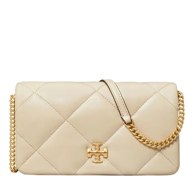 Tory Burch Portefeuille sur chaîne Kira Diamond Quilt Chain Wallet Light Stone