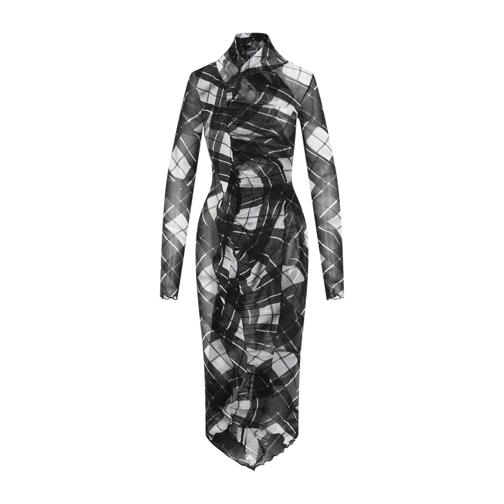 Jean Paul Gaultier Midi Jurken Mesh Draped Printed "Distorten Tartan" Long Dress Black