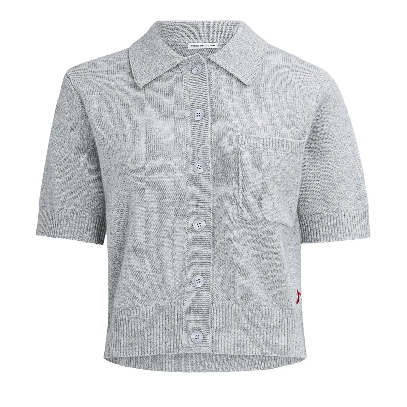 True Religion Strickjacke - Kurze Ärmel- Gerader Schnitt- Rippbündchen an  grau