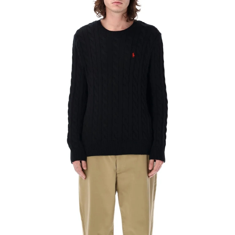 Polo Ralph Lauren Trui Cable-Knit Black Cotton Sweater With Ribbed Trims Black
