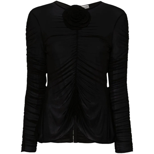 Magda Butrym Langärmelige Oberteile Sheer Ruched Rose Appliqué Top In Black Black