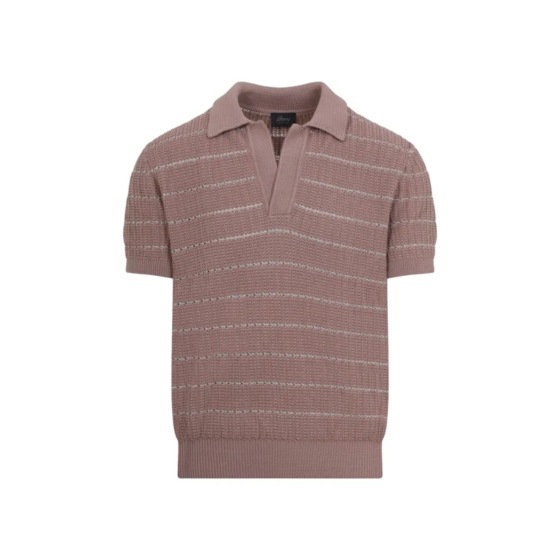 Brioni Polo Textured Cotton-Linen Knit T-Shirt With Ribbed Tri Pink