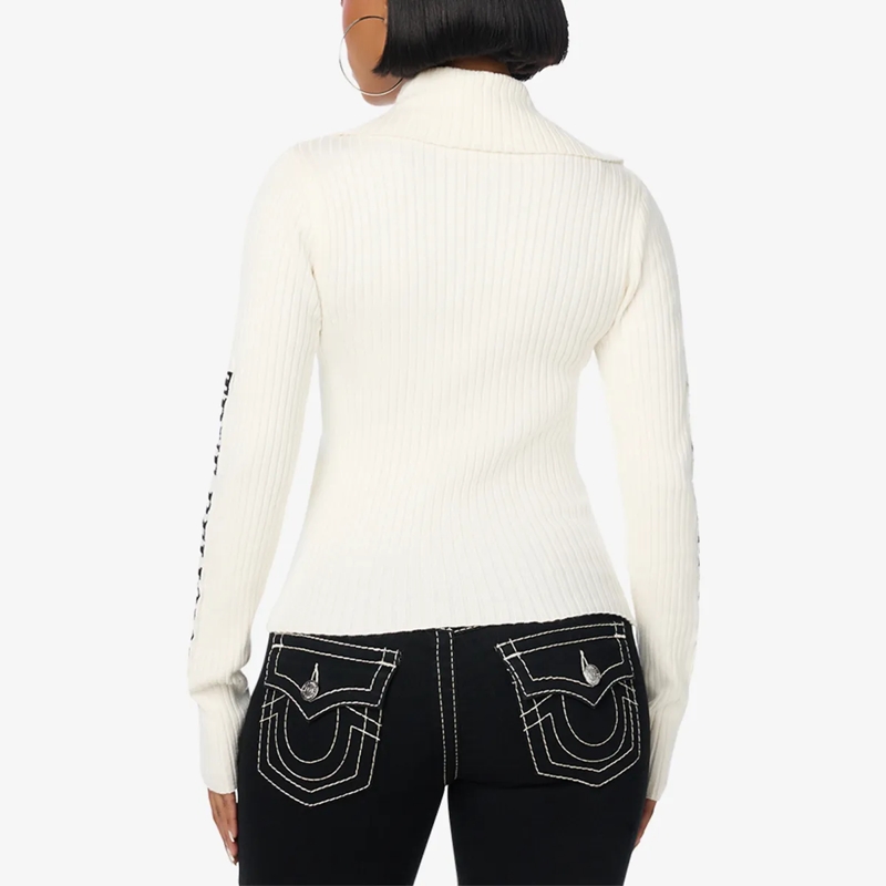 True Religion Strickjacke Sweater ZIP- Langarm- Ripp-Optik- Enganliegend offwhite(Image 4)