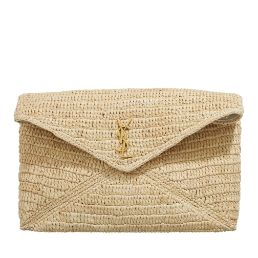 Saint Laurent Cassandre Large Envelope Pouch In Raffia Natural / Brick Clutch