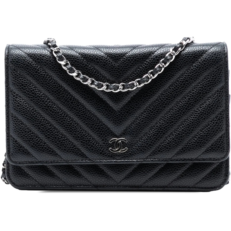 Chanel Schultertasche CC Chevron Caviar Wallet On Chain schwarz