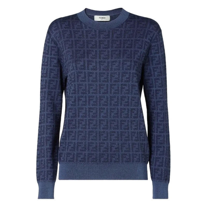 Fendi Trui Textured Crew Neck Sweater With Geometric Design Blue