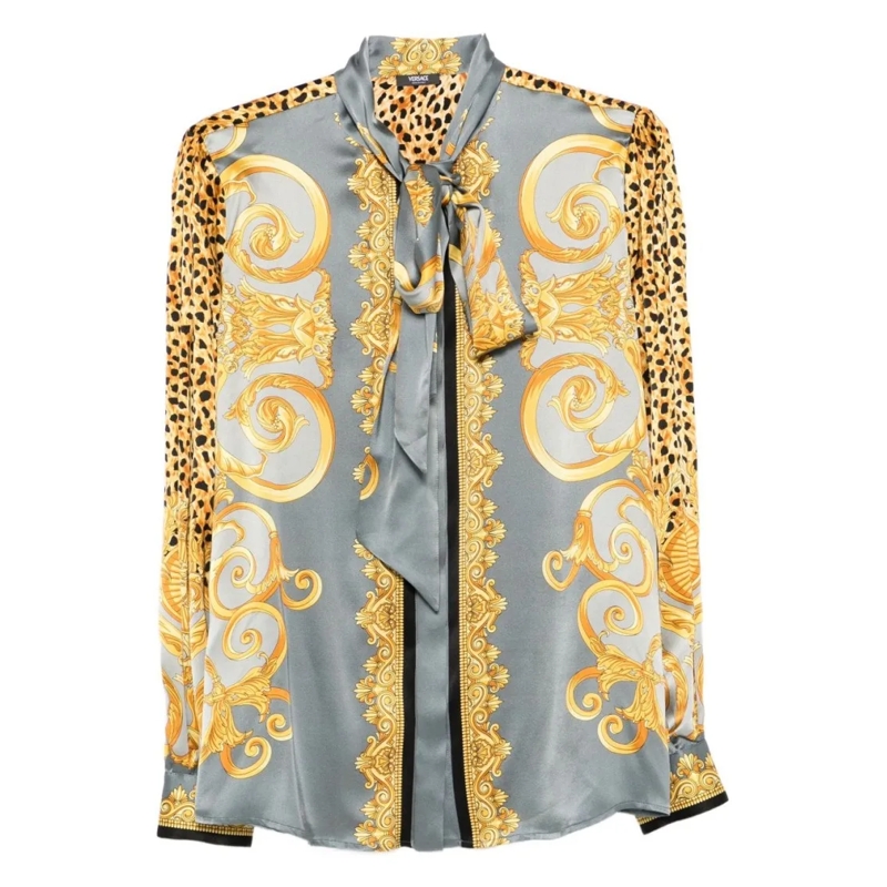 Versace Blouse Pearl Grey Silk Lavallière Shirt Grey