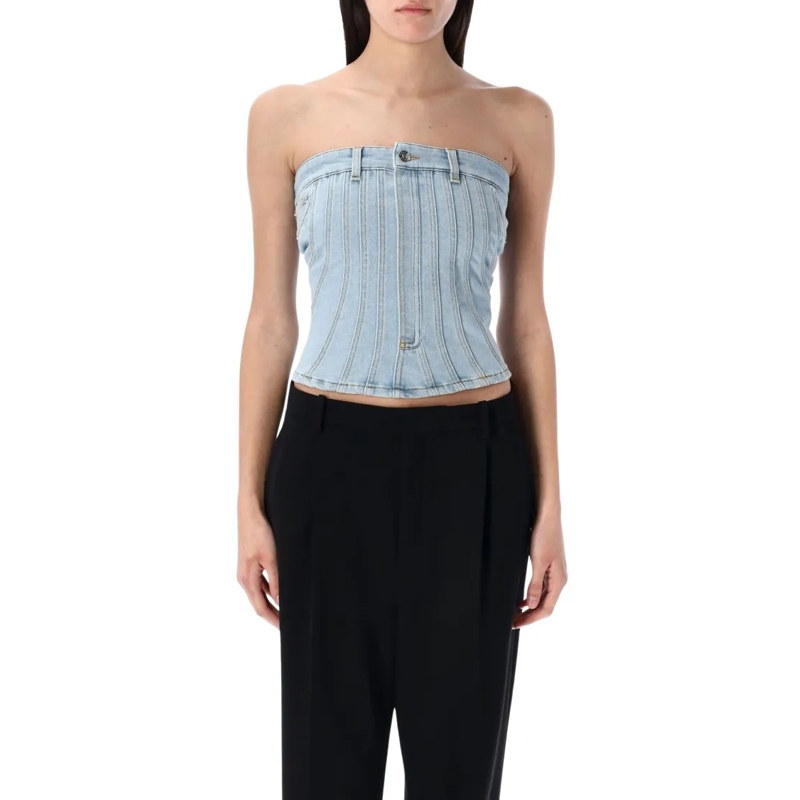Mugler Top Medium Blue Denim Bustier With Corset Design Blue