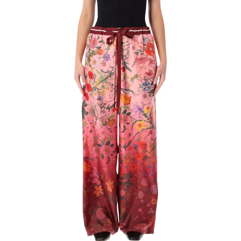 Gucci  Silk Twill Trousers With Gradient Flora Print Red