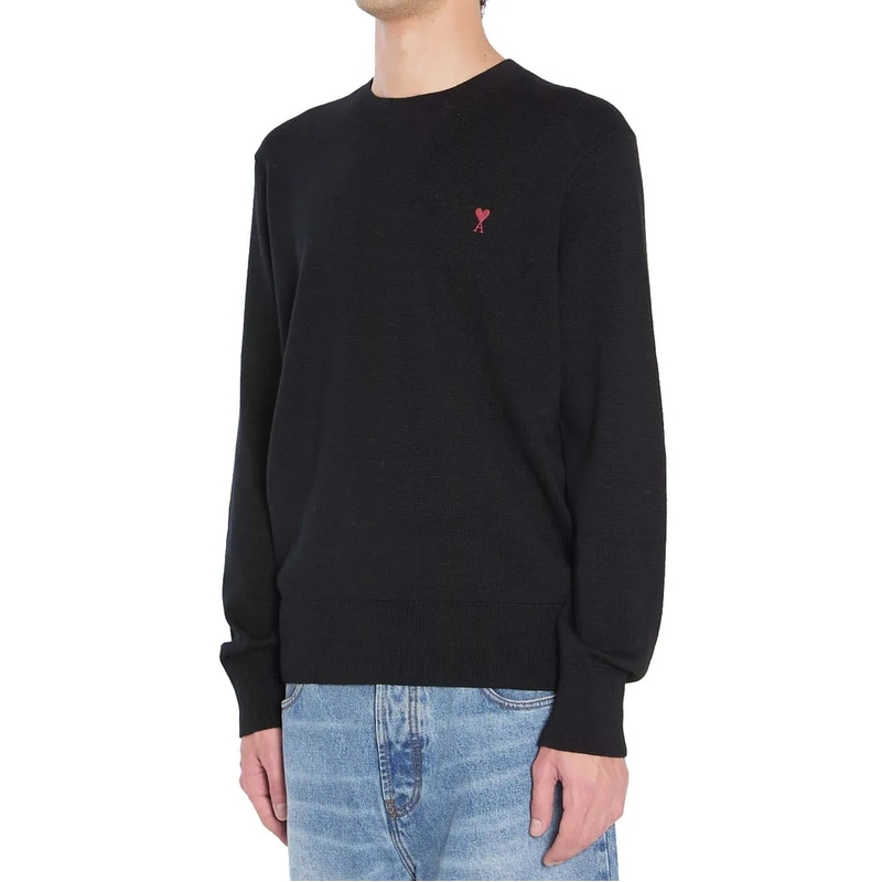 AMI Paris Pull Fitted Merino Wool Sweater With Heart Logo Black(Image 5)
