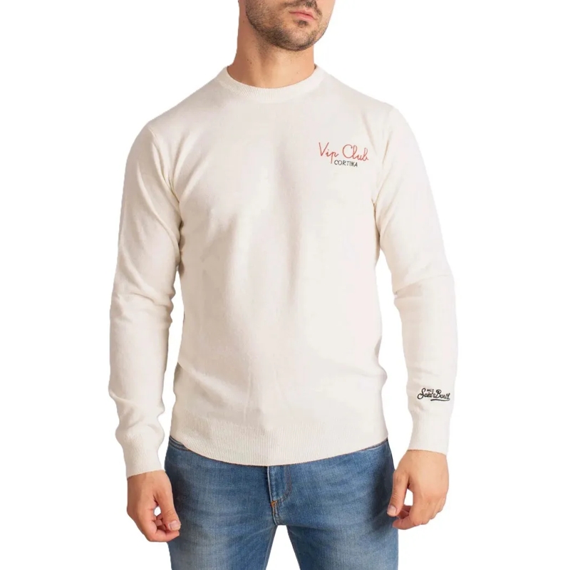 Mc2 Saint Barth Trui Long-Sleeve Pullover Sweater With Subtle Embroider Neutrals
