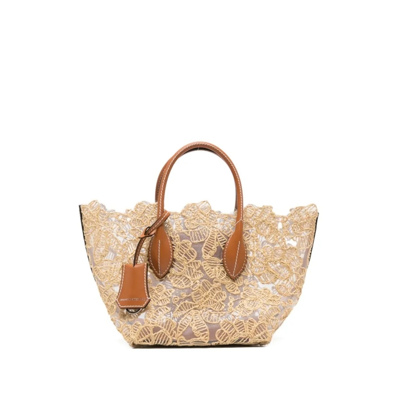 Ermanno Scervino Tote Beige Shopper Tote With Lace Floral Embroidery And Neutrals