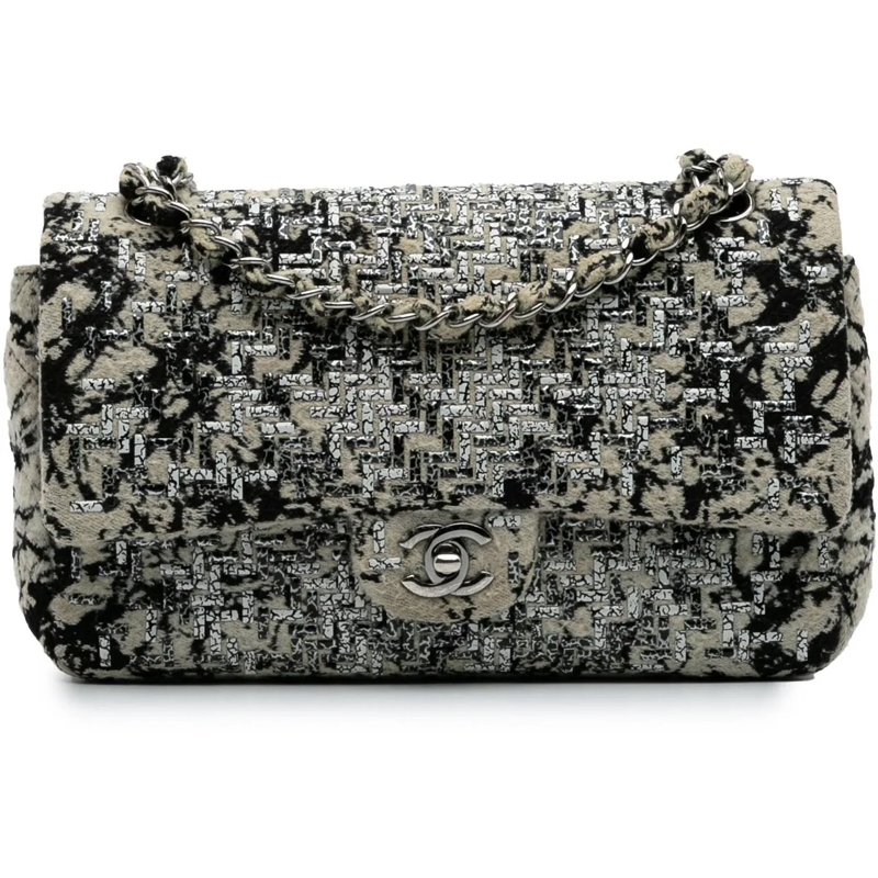 Chanel Sac à bandoulière Medium Classic Wool Herringbone Double Flap weiß