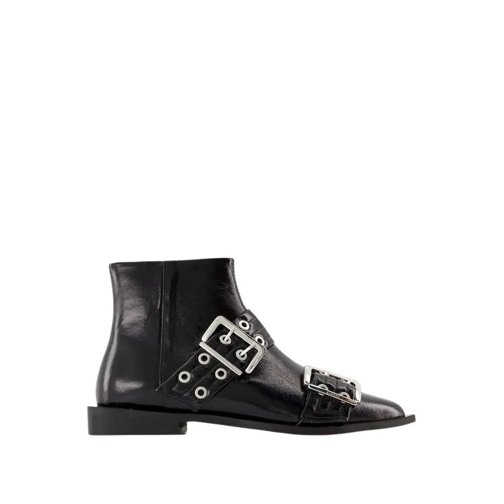 GANNI Feminine Buckle Ankle Boots - Synthetic Leather -  Black Stivale