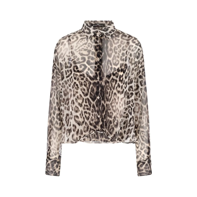 Ermanno Scervino Overhemd Silk Shirt, Brown, Animal Print, Classic Collar Brown