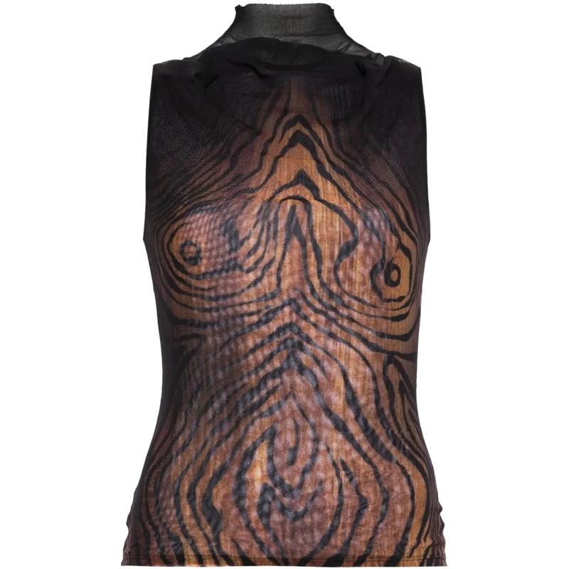 Jean Paul Gaultier T-Shirt Mesh High Neck Tank Top Double Layer Printed "wood schwarz