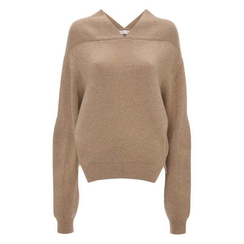 Victoria Beckham Pullover V-Neck Cashmere-Wool Blend Sweater With Ballooned  Neutrals