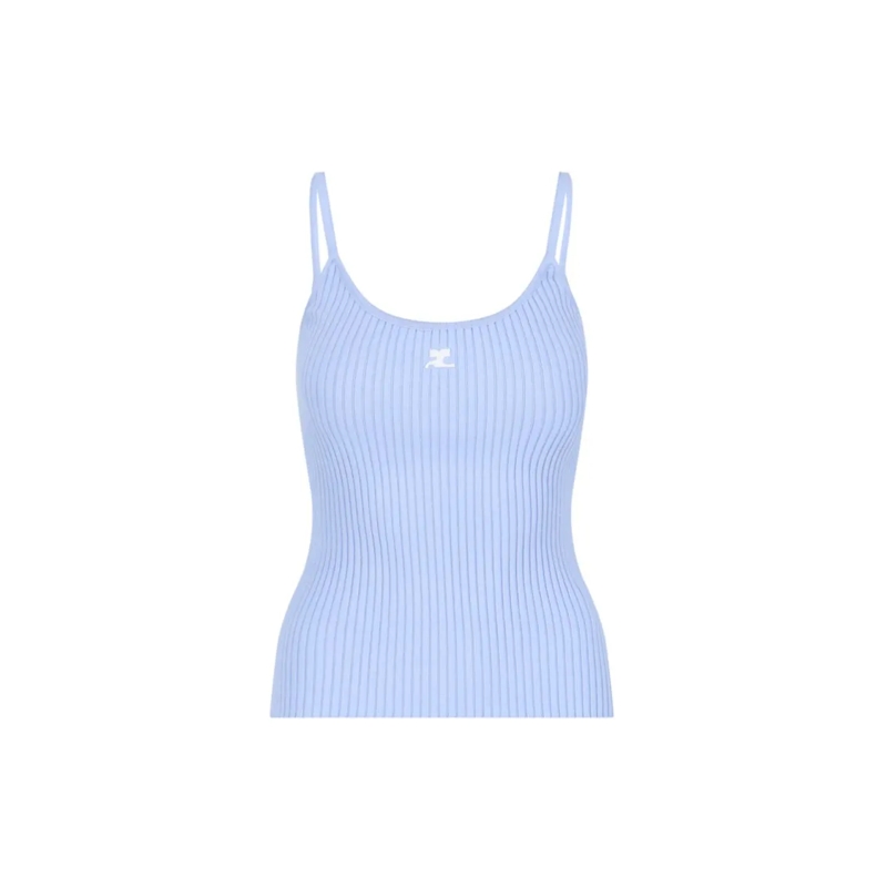Courrèges Blouse Top, Light Blue, Thin Shoulder Straps, Round Neckl Blue