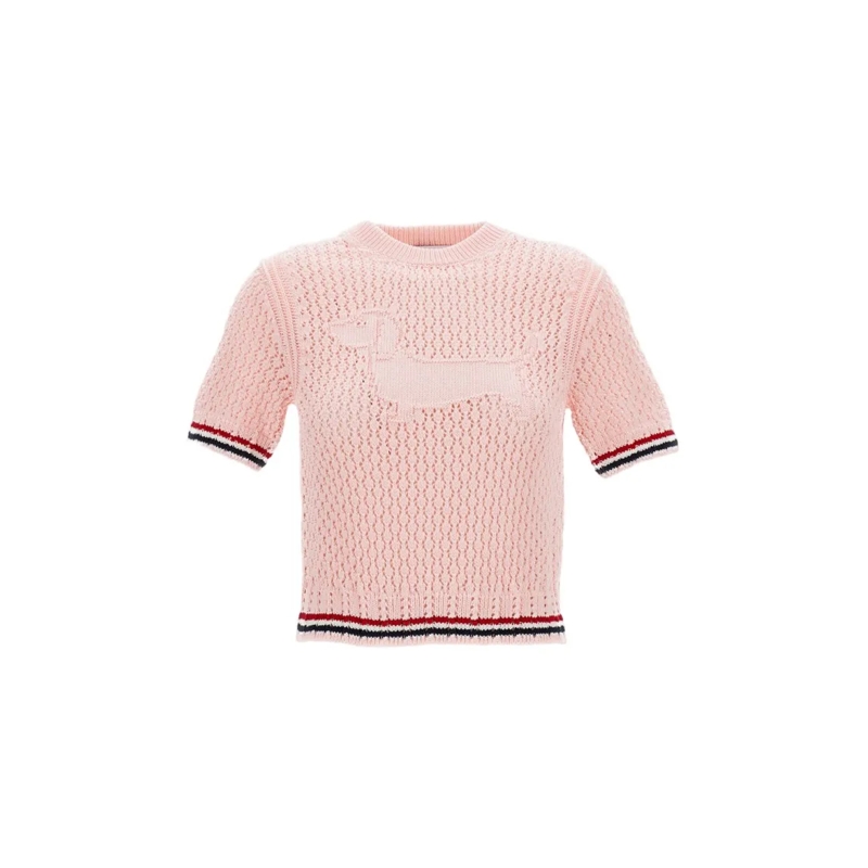Thom Browne T-shirt Crewneck Knit T-Shirt With Rwb Stripes Pink
