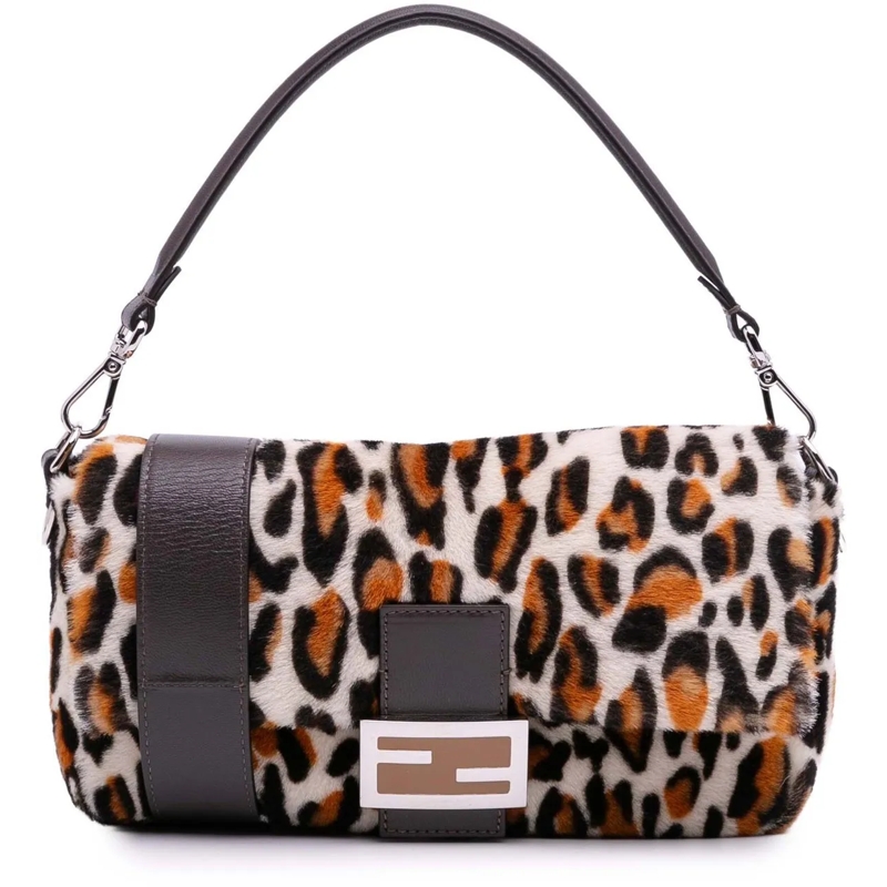 Fendi Schultertasche Leopard Print Calf Hair Baguette Satchel braun
