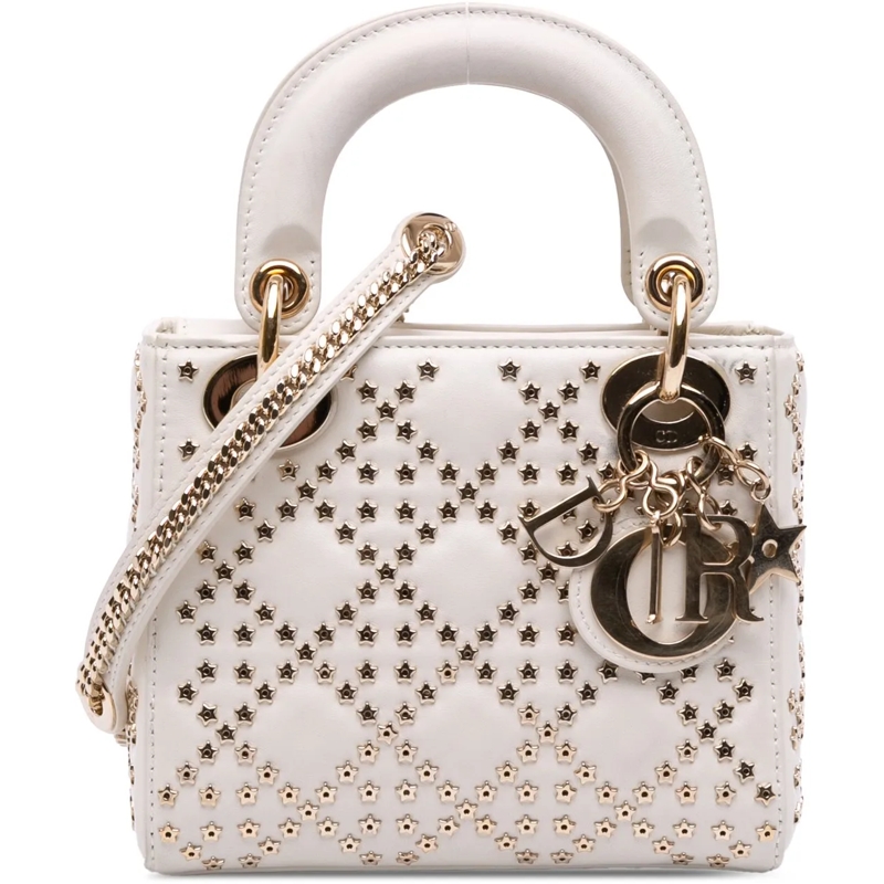Christian Dior Schultertasche Mini Lambskin Cannage Lucky Star Studded Lady Dior weiß