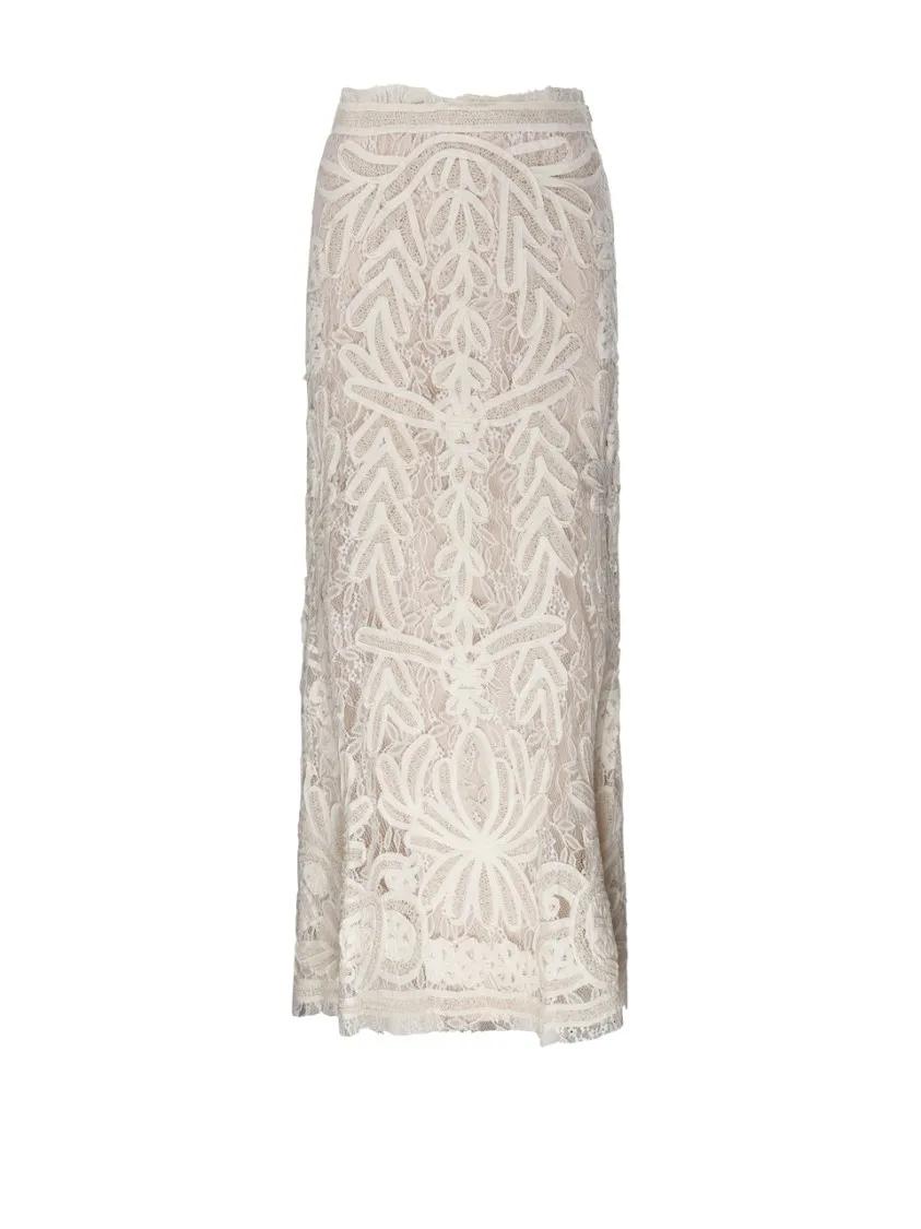 Thumbnail - P.A.R.O.S.H. - Floral Lace Maxi Skirt - Größe XS - beige
