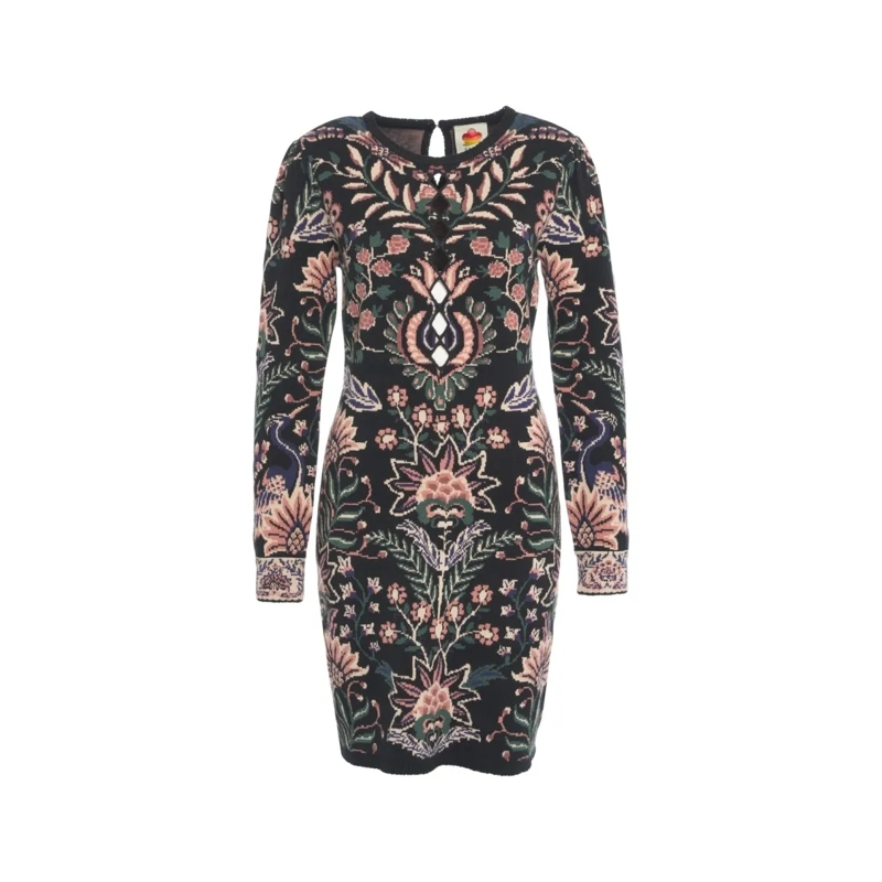 Farm Rio Mini-robe Mini Dress With Floral Motif And Keyhole Detail Grey