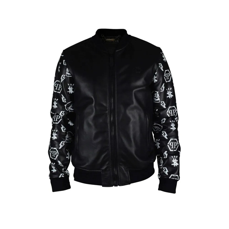Philipp Plein Bomberjacke Black Leather Bomber Jacket With Graphic Sleeves Black