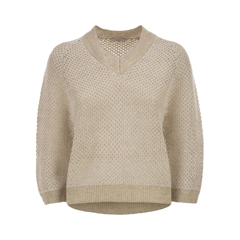 Peserico Trui V-Neck Mesh Top In Linen And Cotton Neutrals