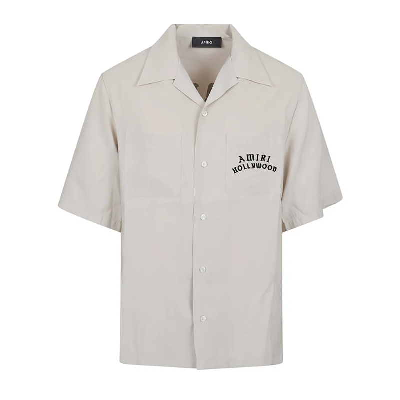 Amiri Chemise Ivory Silk Short-Sleeved Bowling Shirt With Embroi White