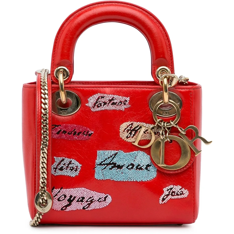 Christian Dior Schultertasche Mini Calfskin Sequin Embellished Lady Dior rot