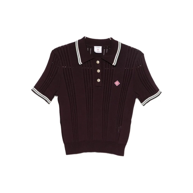 Casablanca T-shirt Short-Sleeved Knit Polo With Vertical Open-Knit St Black