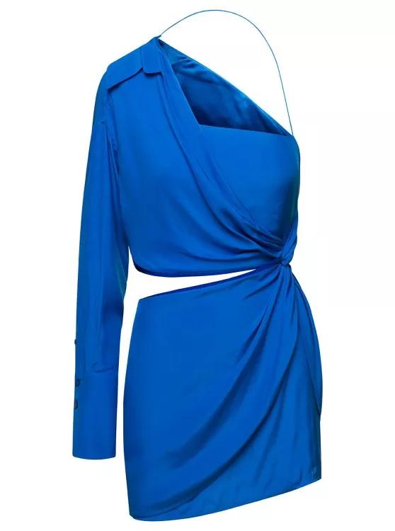 Gauge81 Arica' Blue OneShoulder Draped Mini Dress With Cu Blue