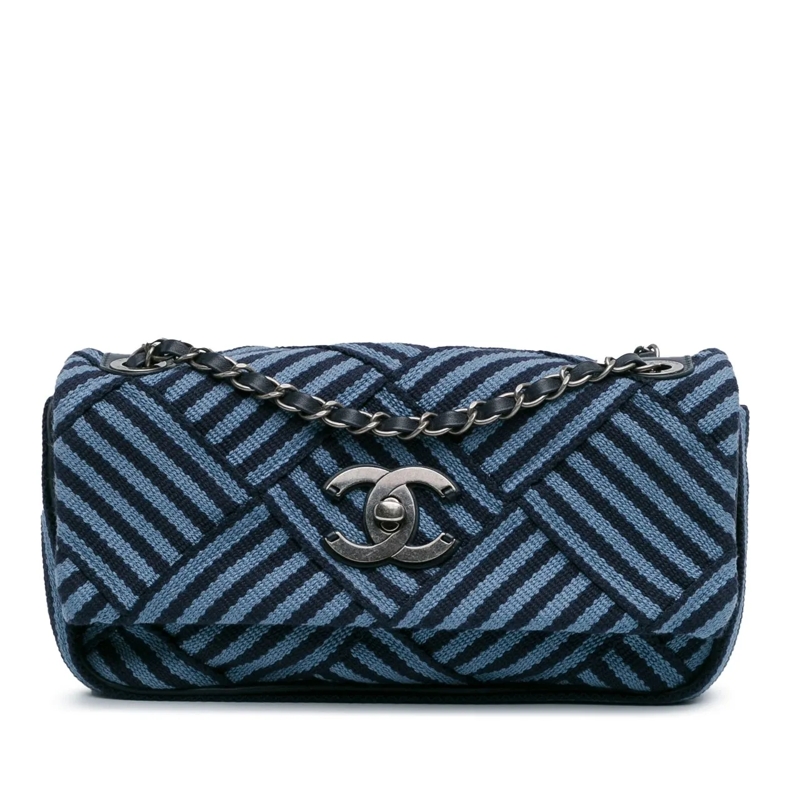 Chanel Schultertasche Canvas Stripe Flap Bag blau