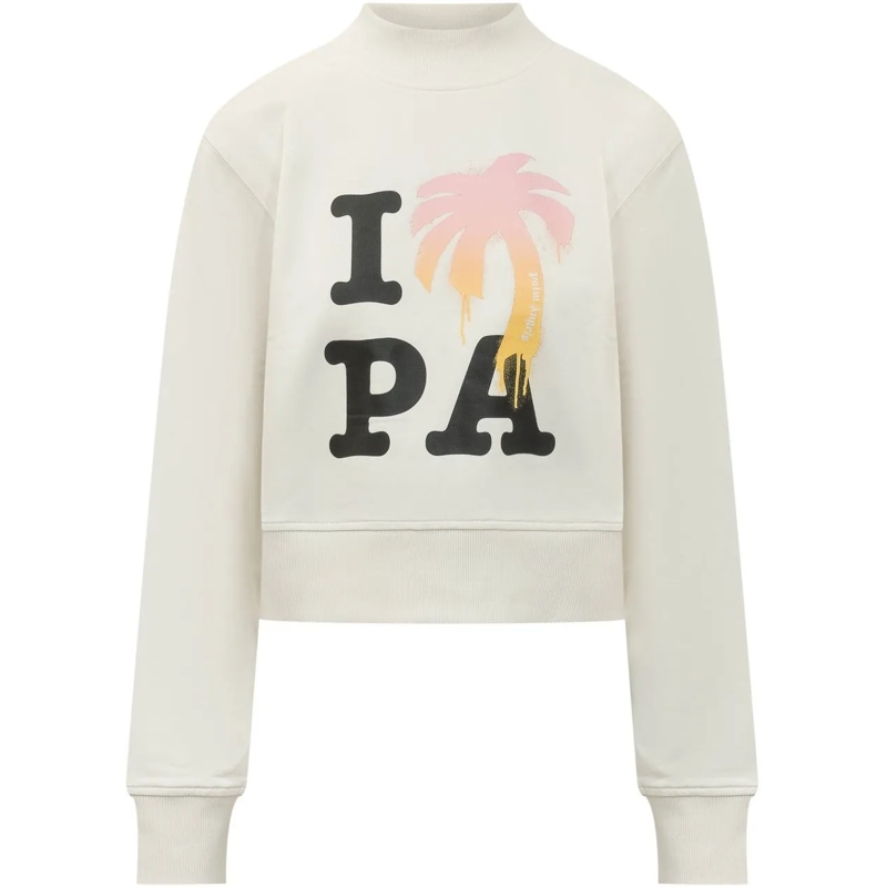 Palm Angels  Felpa Cropped con Stampa Frontale weiß