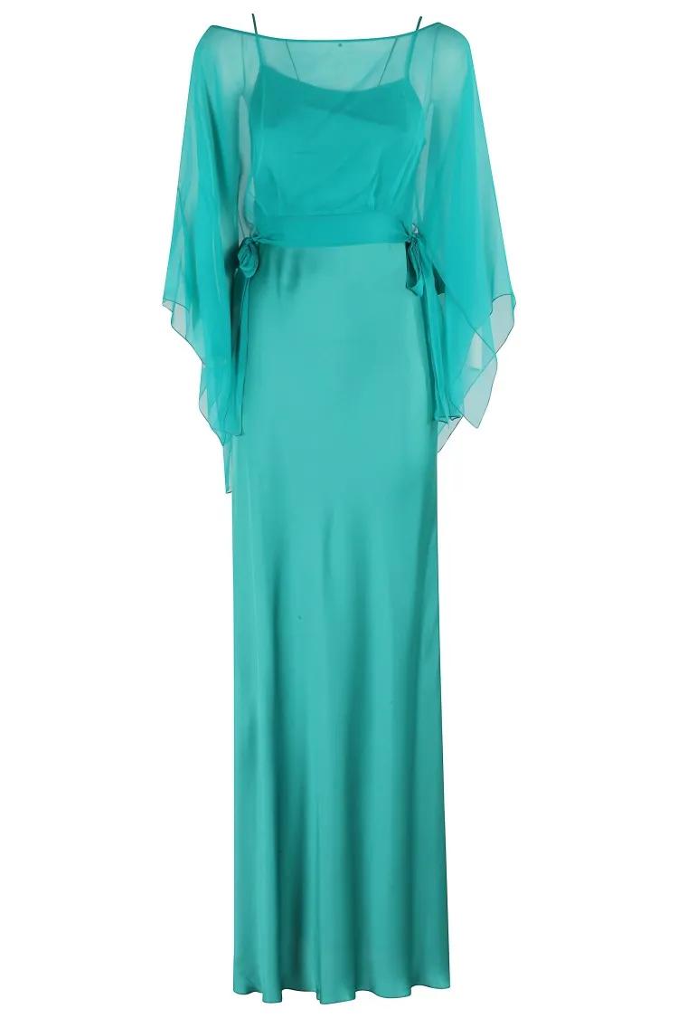 Thumbnail - Alberta Ferretti - Satin Evening Dress With Flowing Chiffon Cape - Größe 40 - grün