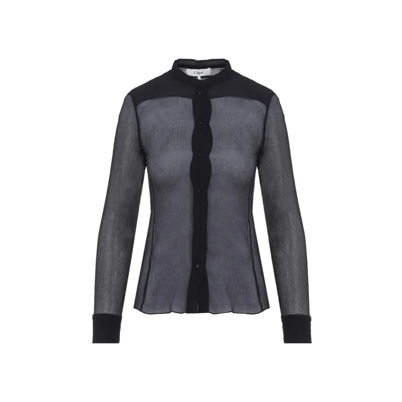 Chloé Blouse Silk Shirt With Mandarin Collar Blue