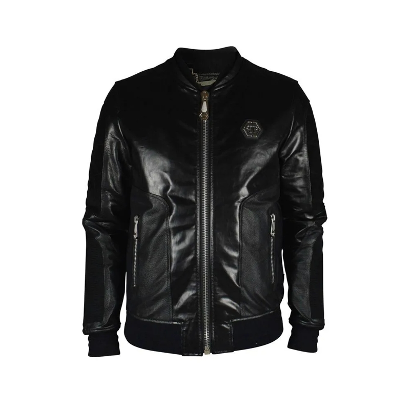 Philipp Plein Bomberjacke Black Leather Bomber Jacket With Suede Inserts Black