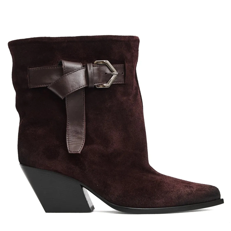 Elena Iachi Stiefel Bordeaux Suede Ankle Boots With Wide Leather Buckl Burgundy