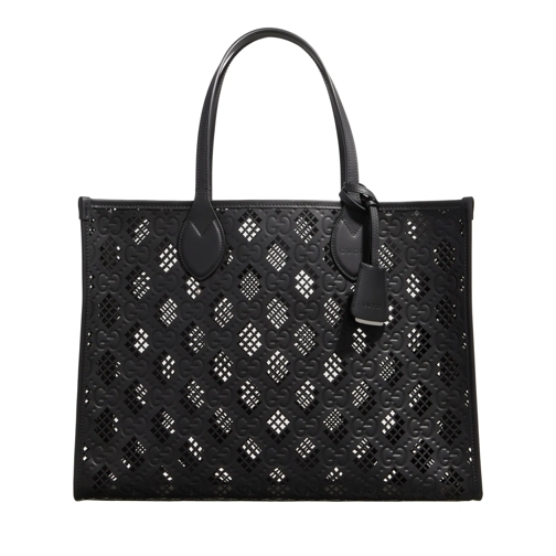 Gucci Laser Cut Gg Leather Tote Bag Black Rymlig shoppingväska