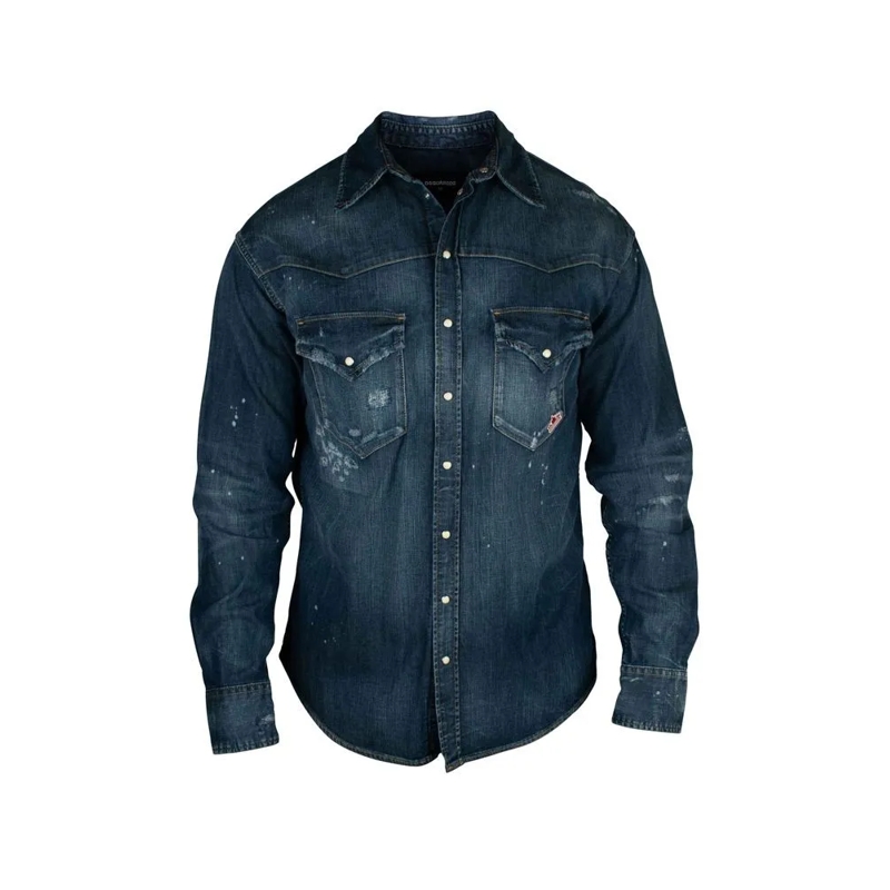 Dsquared2 Hemd Navy Cotton Denim Shirt With Distressed Finish Black