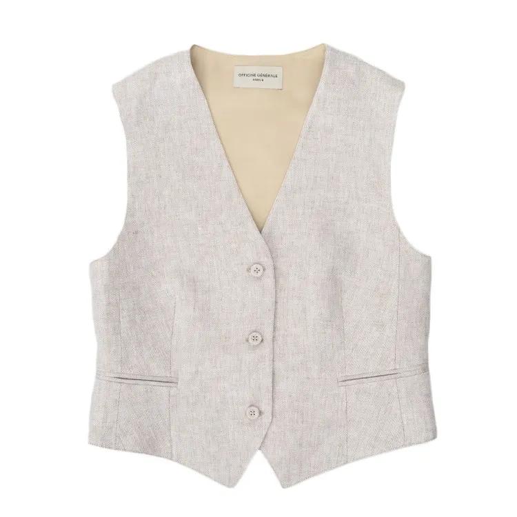 Thumbnail - Officine Generale - Tailored Beige Waistcoat With Adjustable Fit - Größe 40 - grau