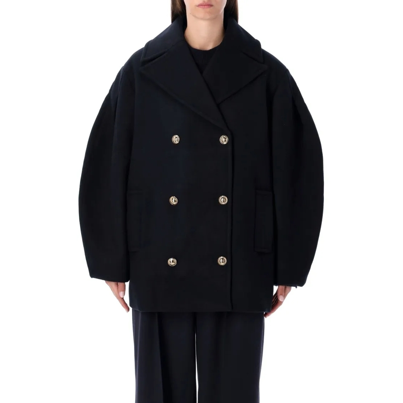 GANNI Manteau d'hiver Short Oversized Peacoat With Gold-Tone Buttons Black