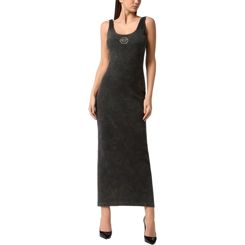 Philipp Plein Maxikleid Langes Tank-Kleid Hexagon Verziert grau(Image 3)